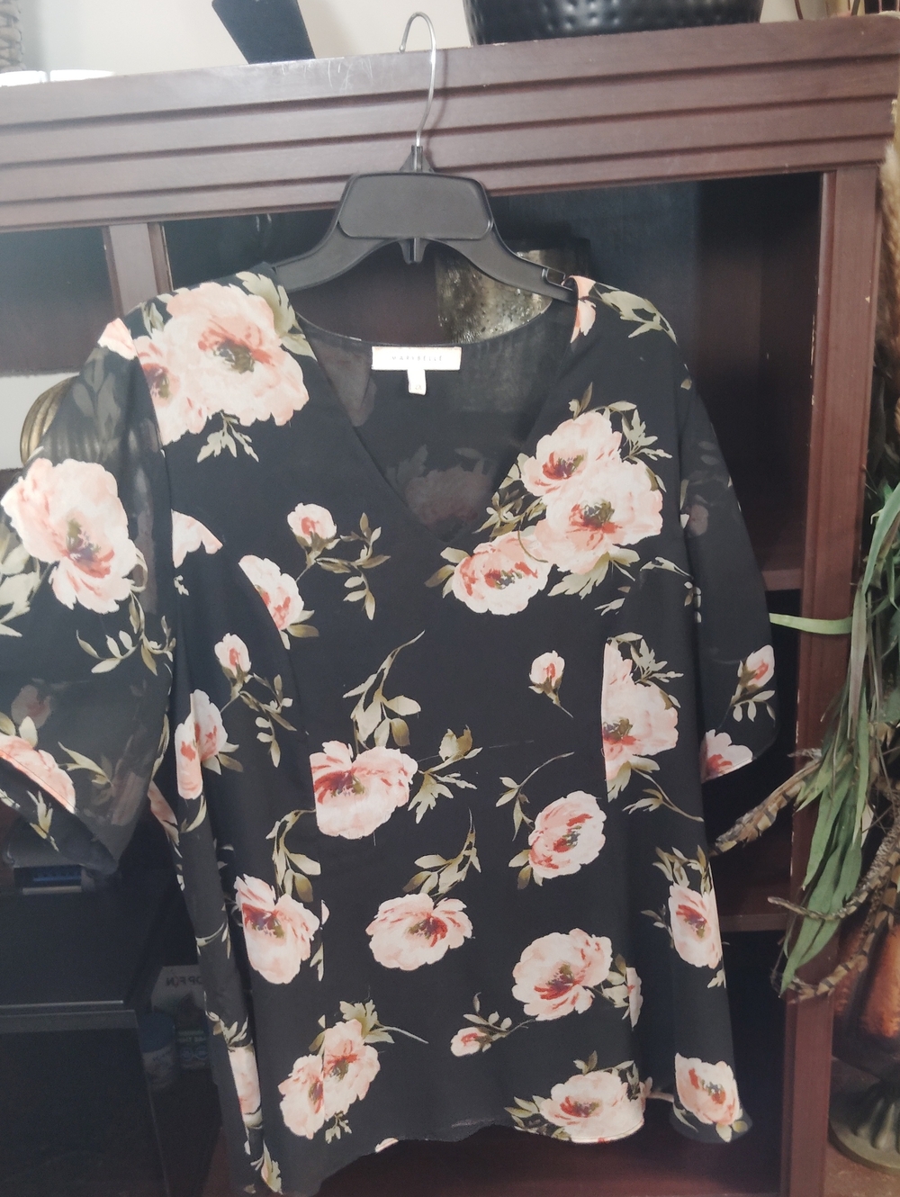 Black Floral V-Neck Blouse with Pink Blossom Print